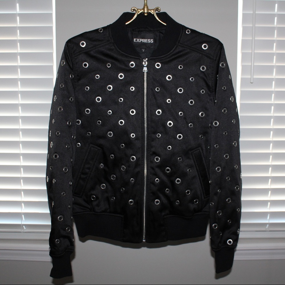 Express Black Eyelet Bomber Jacket - Picture 2 of 15